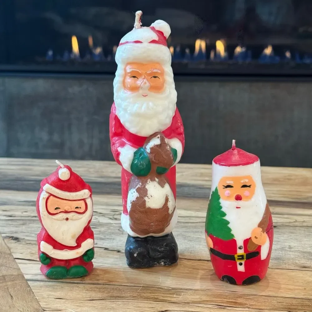 Vintage 1950s Santa Claus Candles Lot of 3, Retro Mid Century Christmas Figural